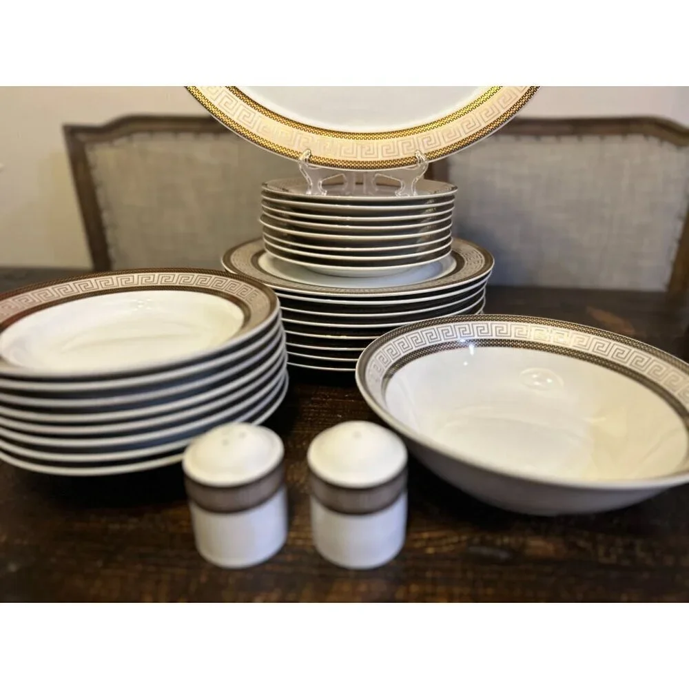 28 Piece Vintage Chattanooga Dining Set with Gold Greek Key Accents